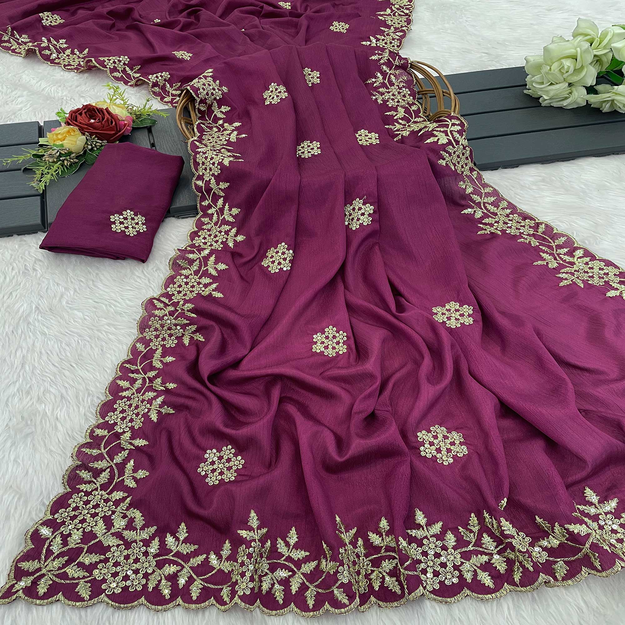 Wine Floral Sequins Embroidered Chinon Saree