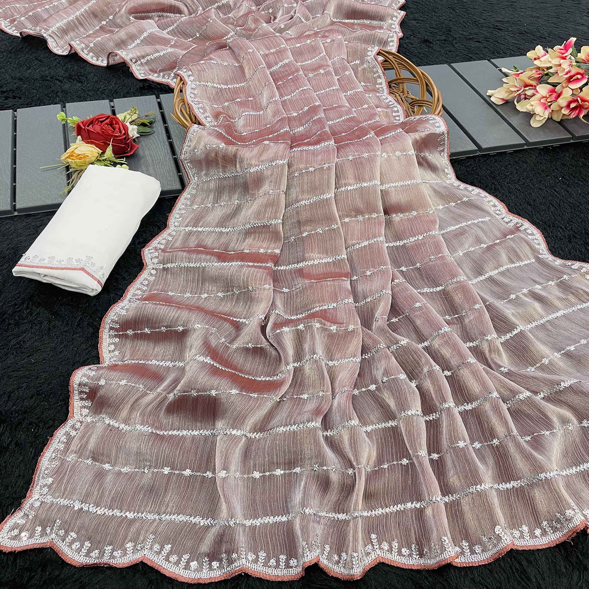 Brown Sequins Work Embroidered Chiffon Saree