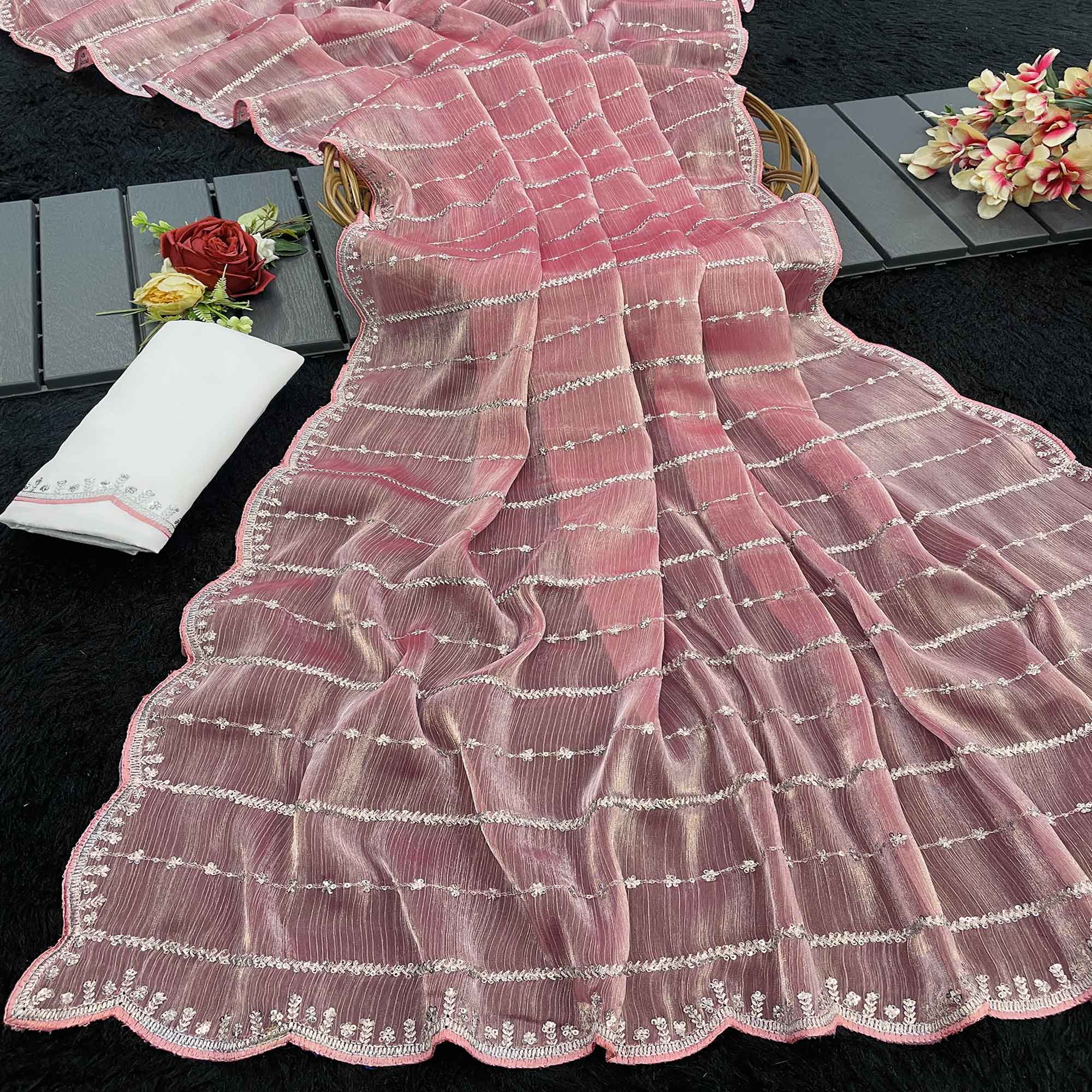 Peach Sequins Work Embroidered Chiffon Saree