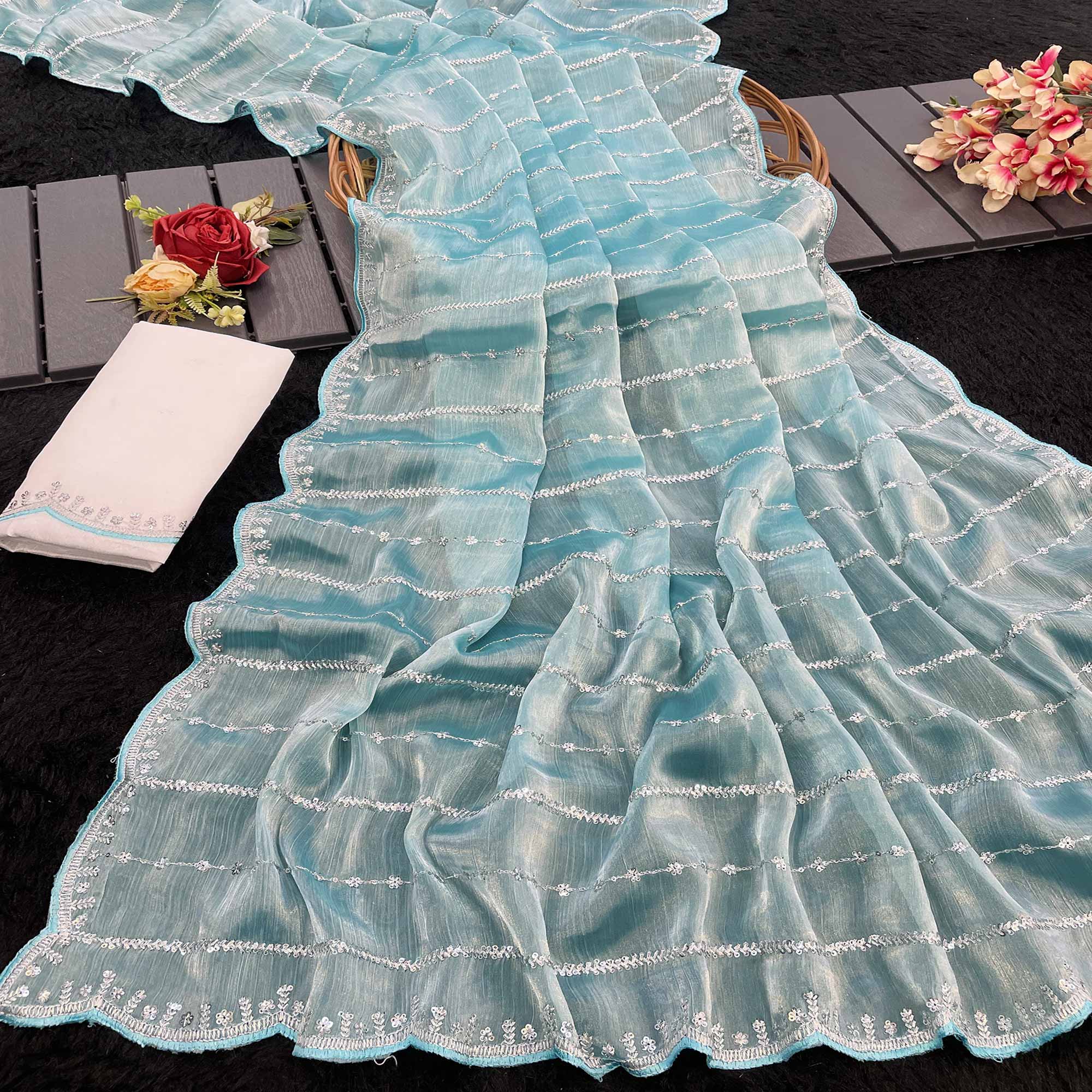 Sky Blue Sequins Work Embroidered Chiffon Saree