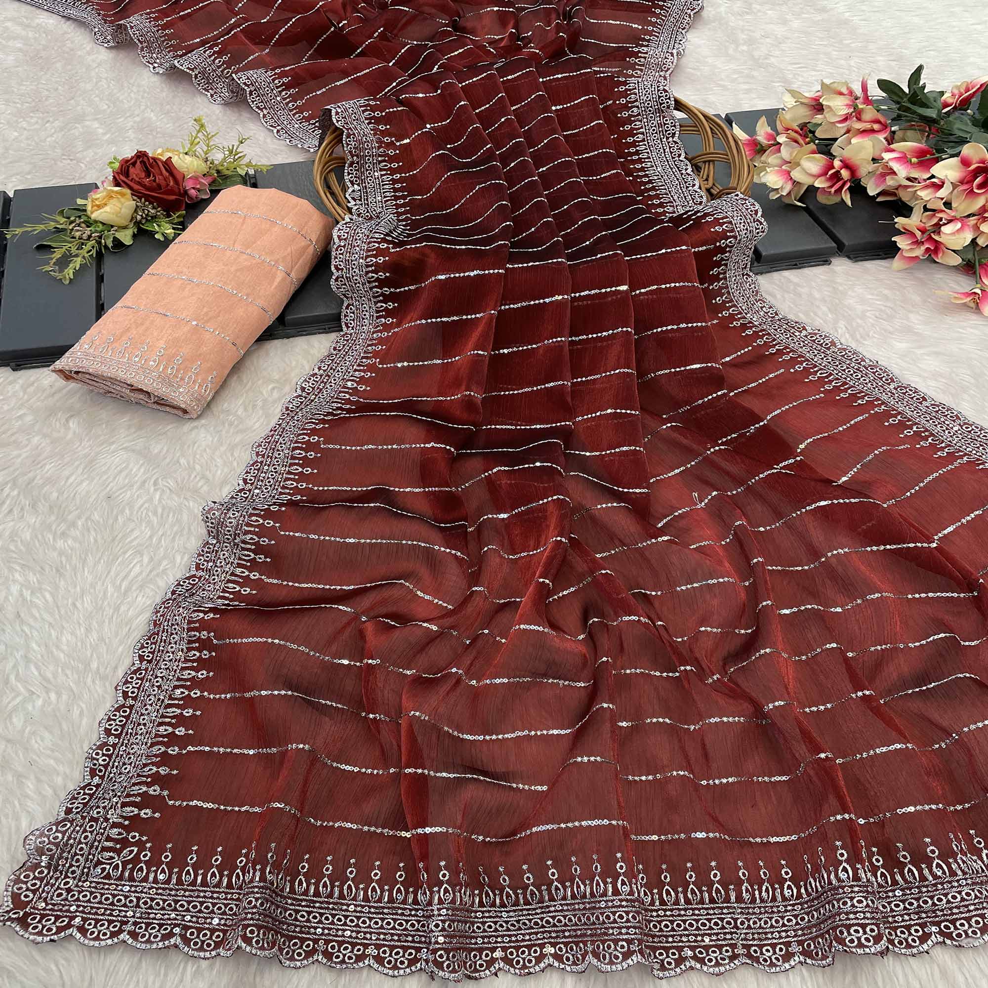 Maroon Sequins Embroidered Chiffon Saree