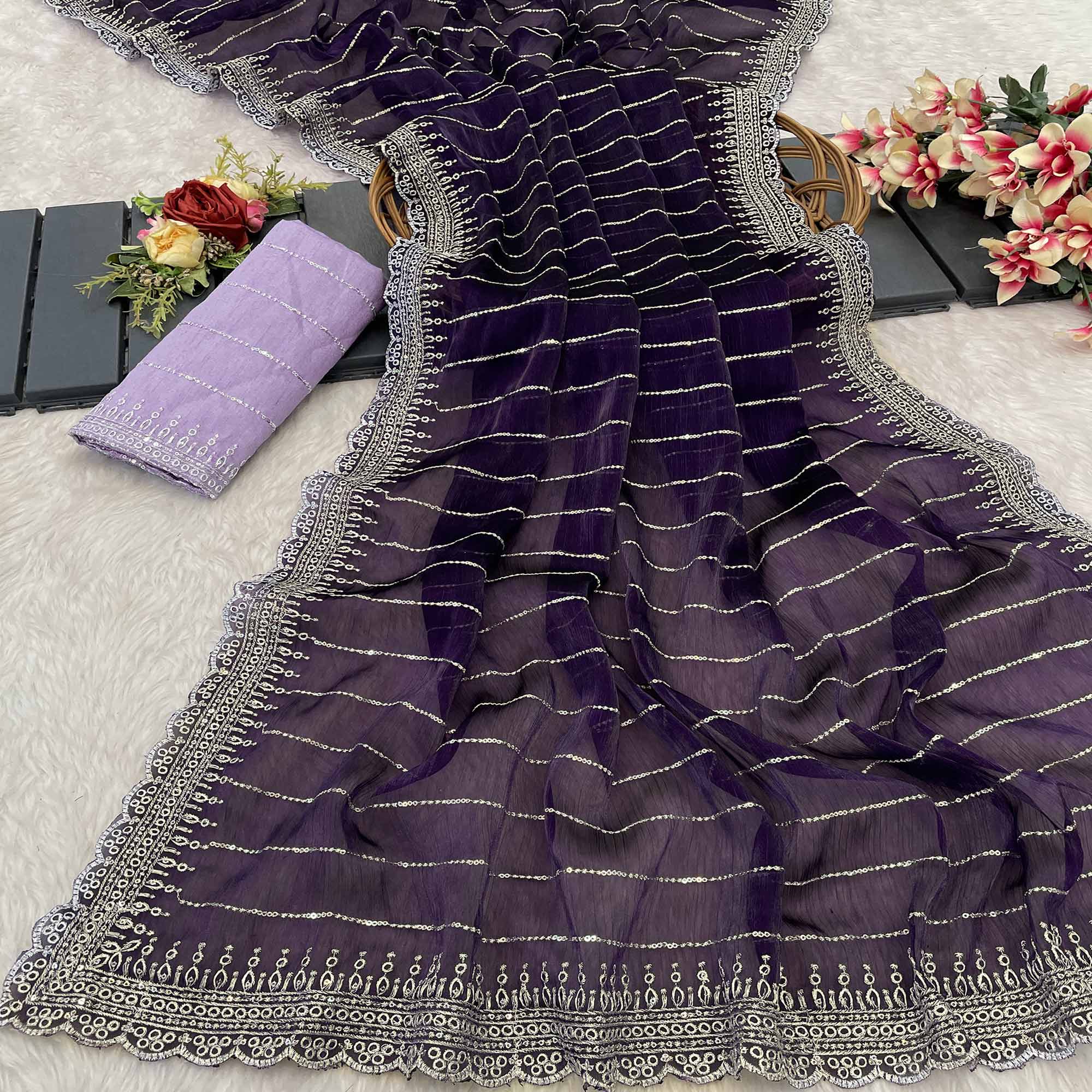 Purple Sequins Embroidered Chiffon Saree