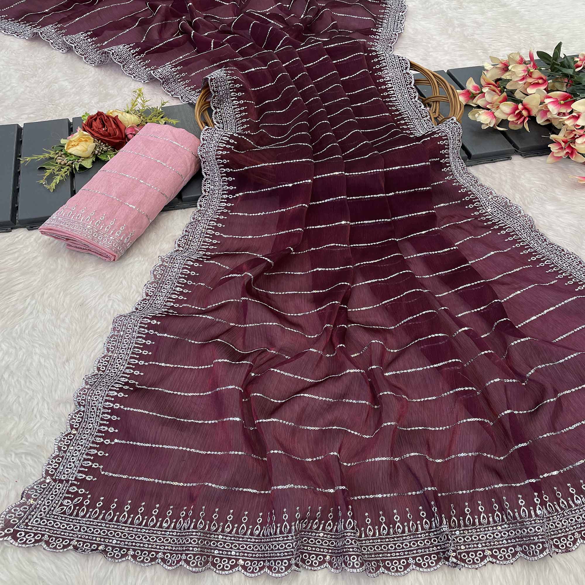 Wine Sequins Embroidered Chiffon Saree
