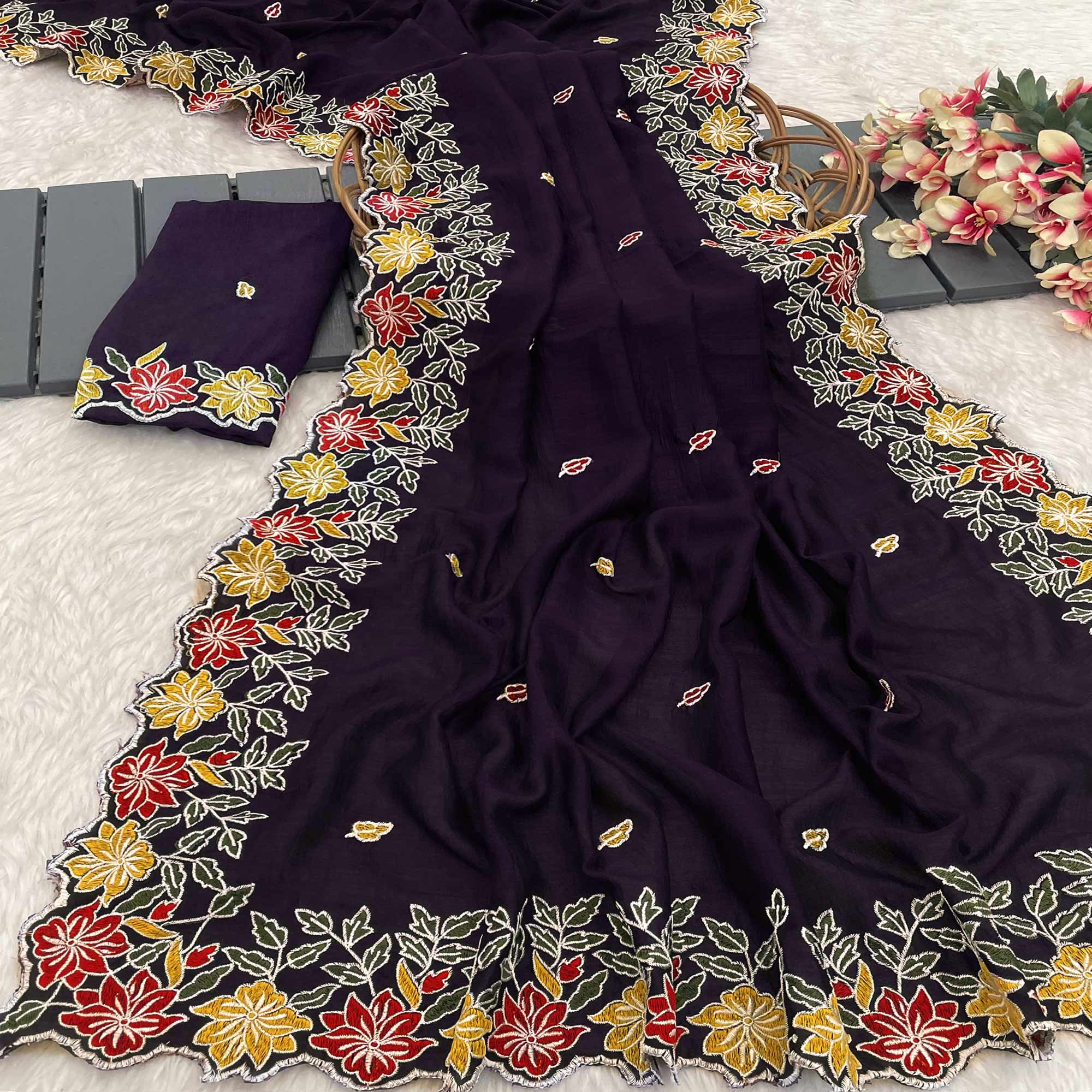 Purple Floral Embroidered Vichitra Silk Saree