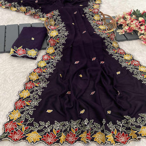 Purple Floral Embroidered Vichitra Silk Saree