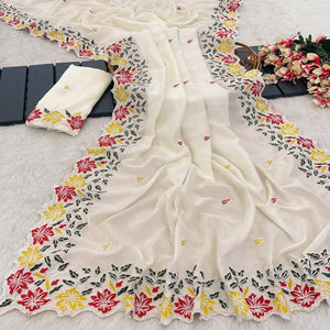 White Floral Embroidered Vichitra Silk Saree