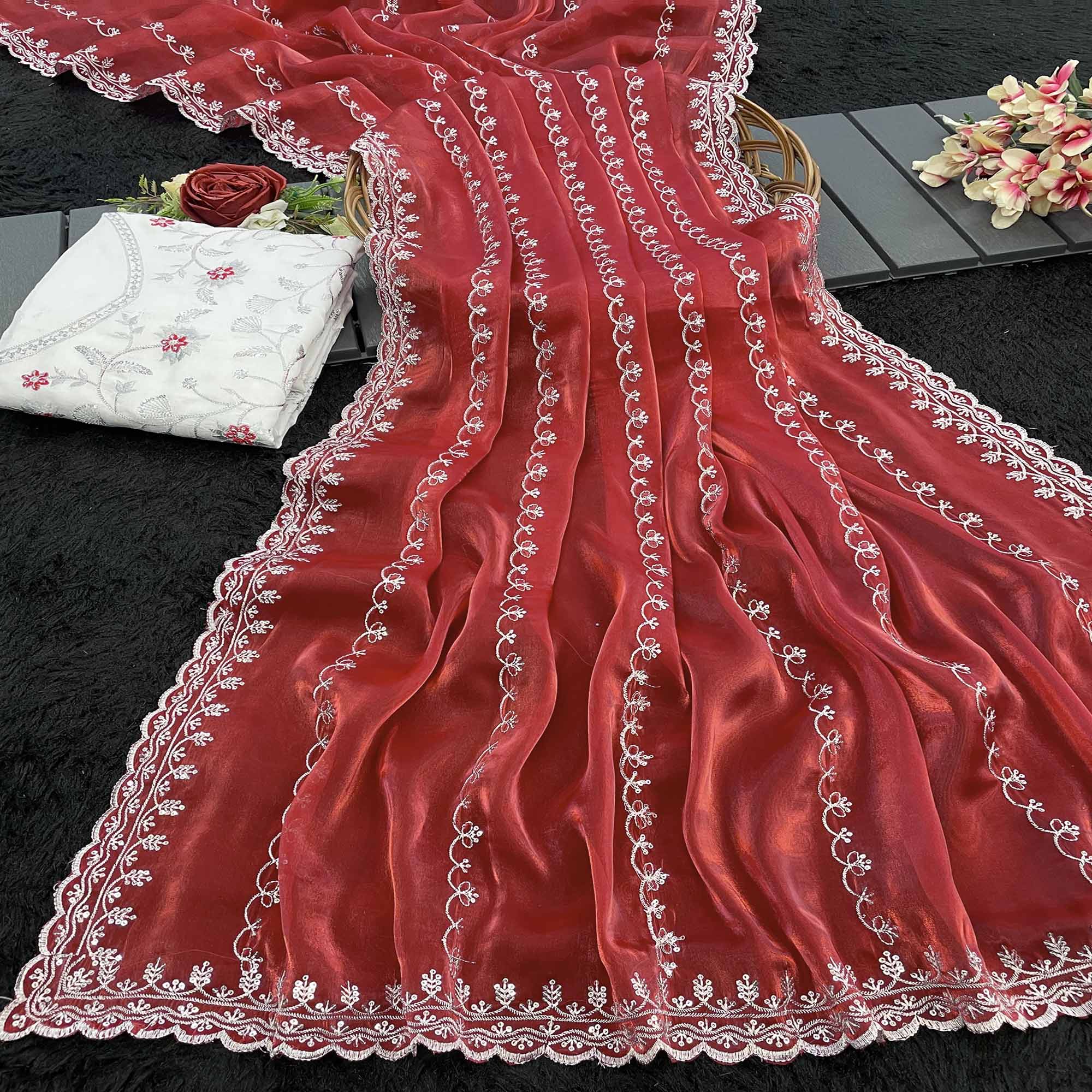 Red Sequins Embroidered Satin Saree