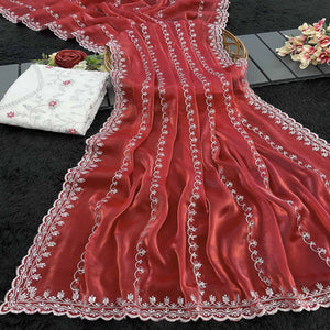 Red Sequins Embroidered Satin Saree