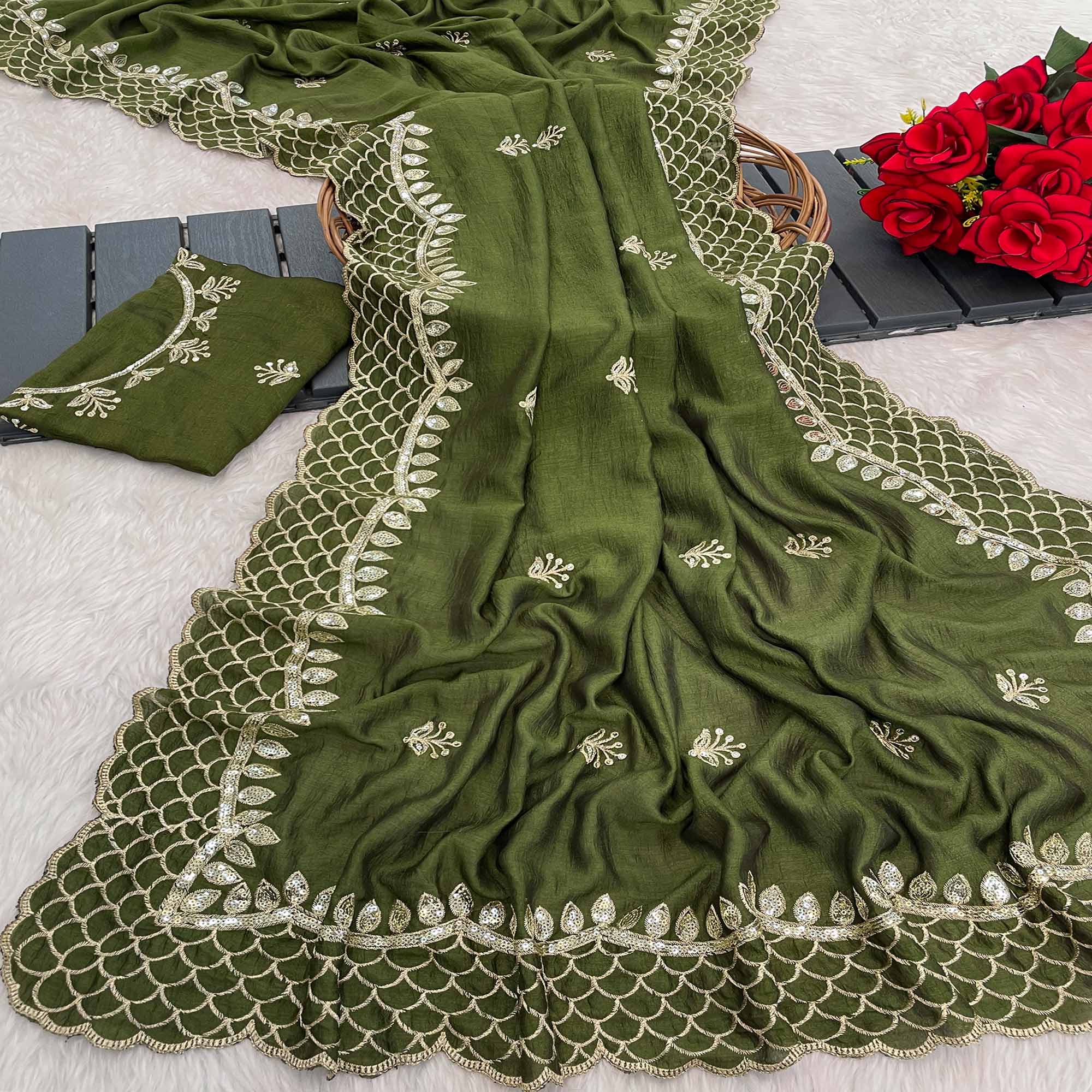 Green Sequins Embroidered Vichitra Silk Saree