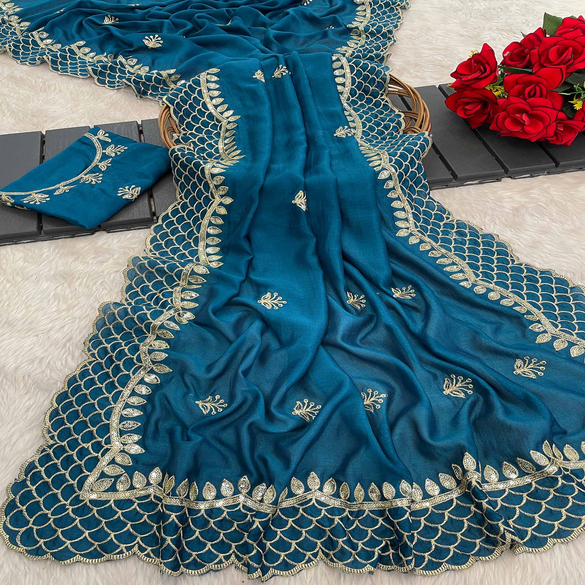 Teal Sequins Embroidered Vichitra Silk Saree