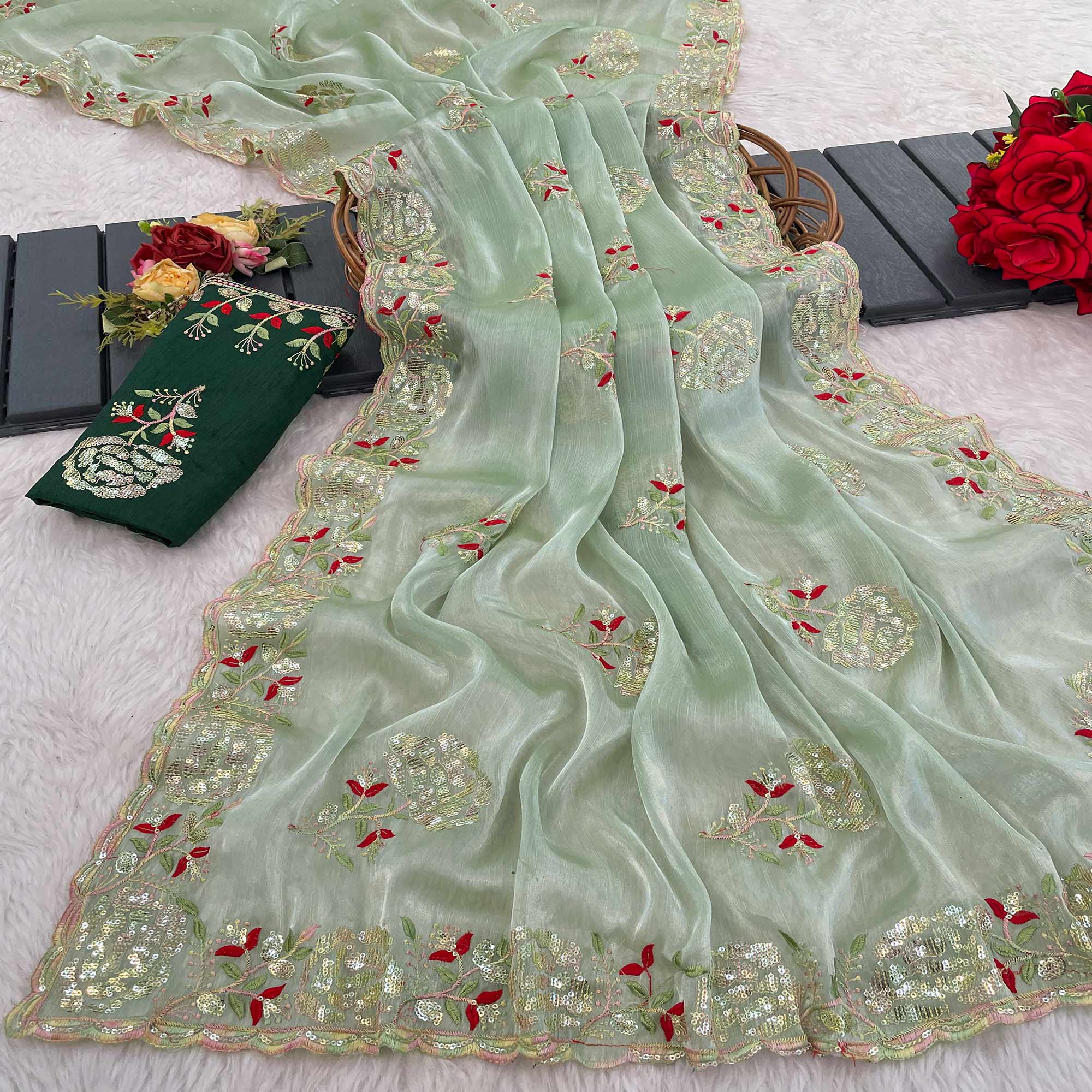 Green Sequins Work Embroidered Chiffon Saree