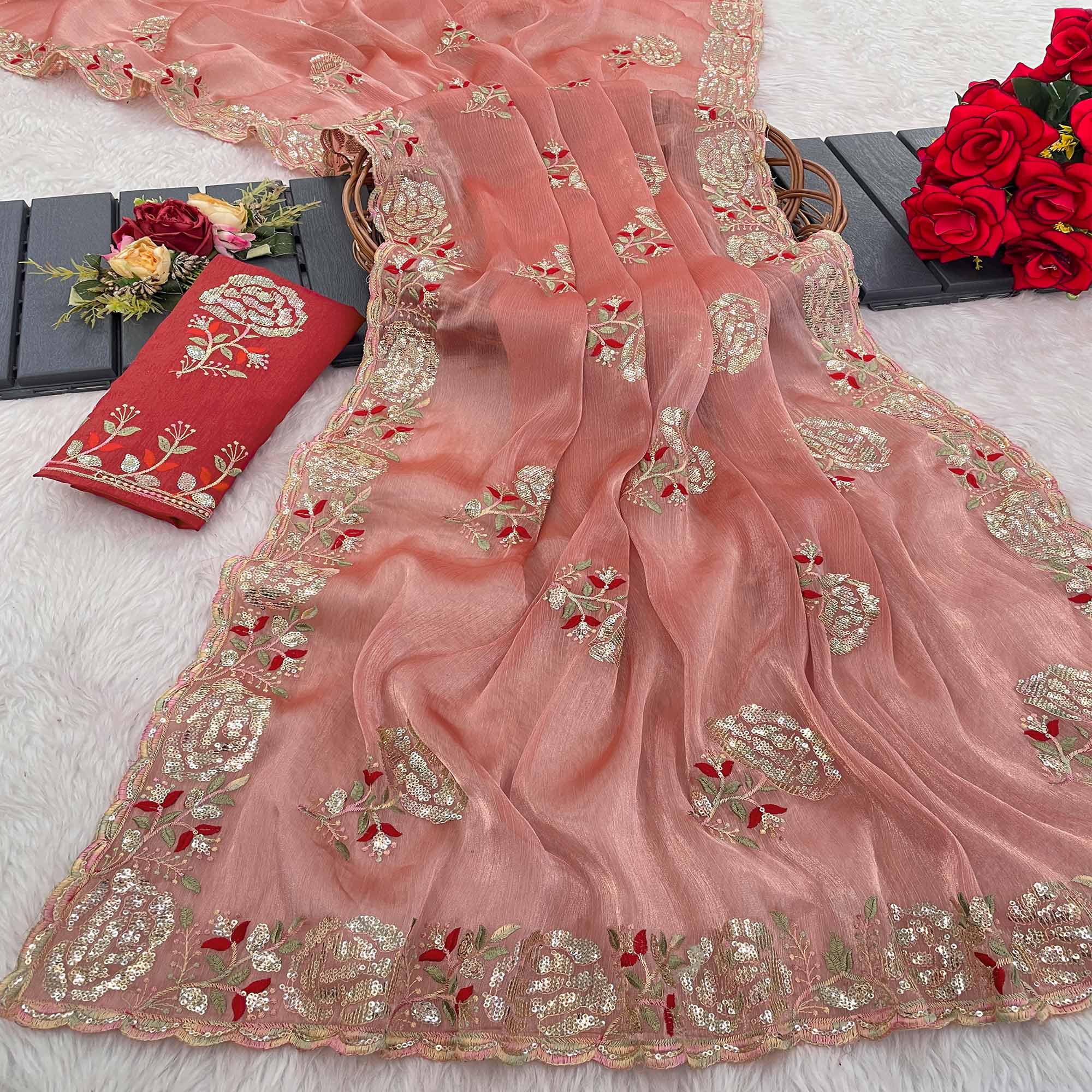 Peach Sequins Work Embroidered Chiffon Saree