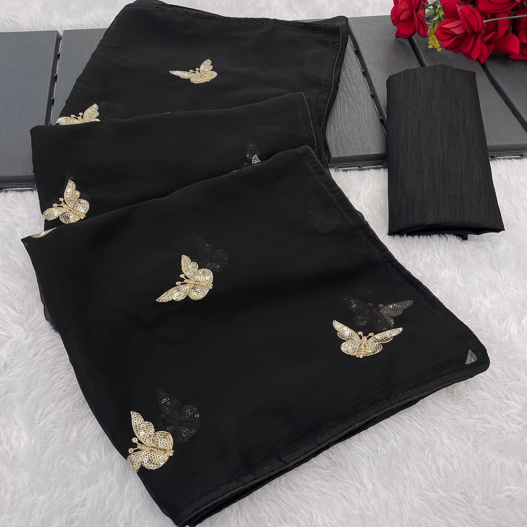 Black Embroidered Georgette Saree With Shimmering Butterfly Sequin Work