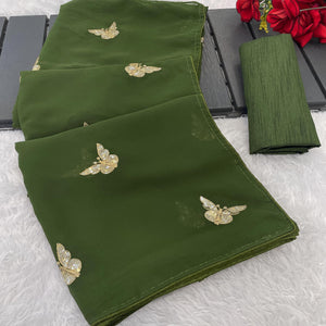 Mehendi Green Embroidered Georgette Saree With Shimmering Butterfly Sequin Work