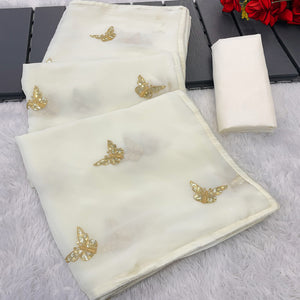 Offwhite Embroidered Georgette Saree With Shimmering Butterfly Sequin Work