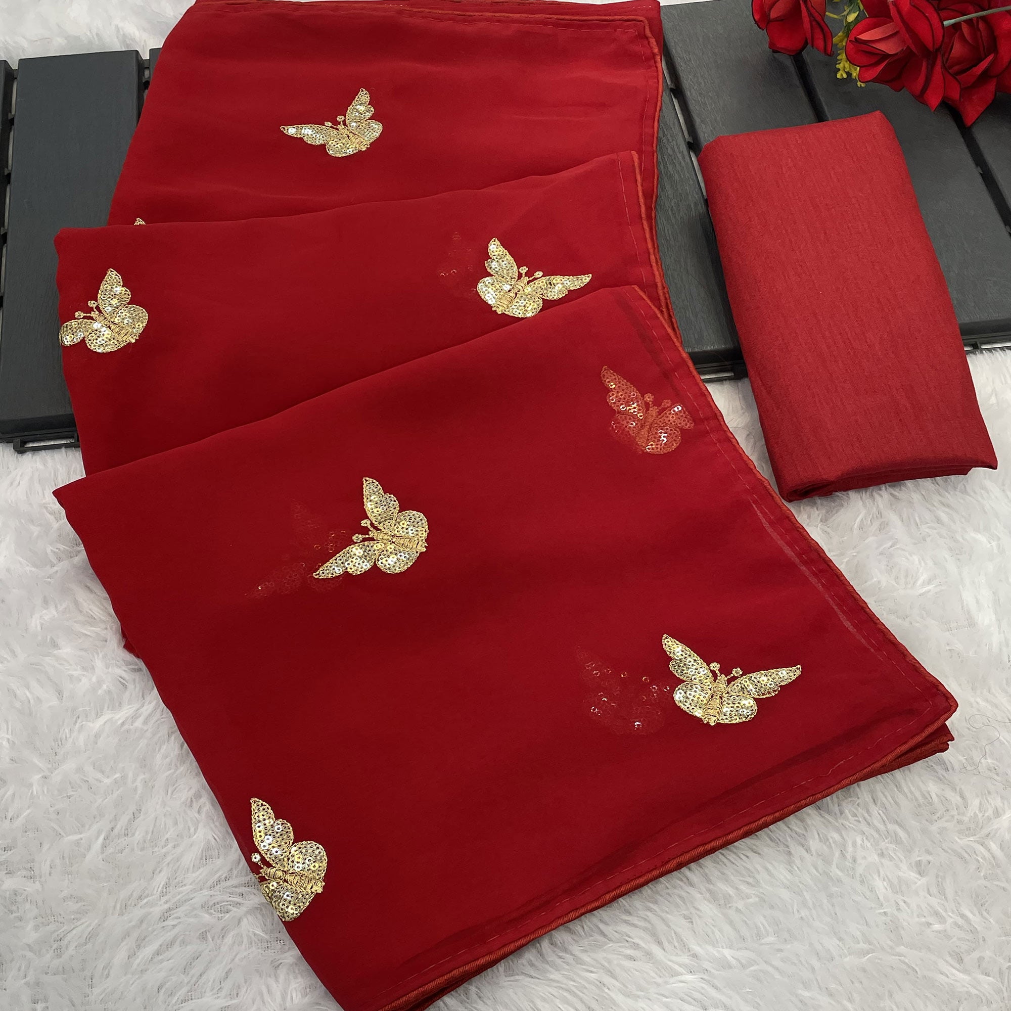 Red Embroidered Georgette Saree With Shimmering Butterfly Sequin Work