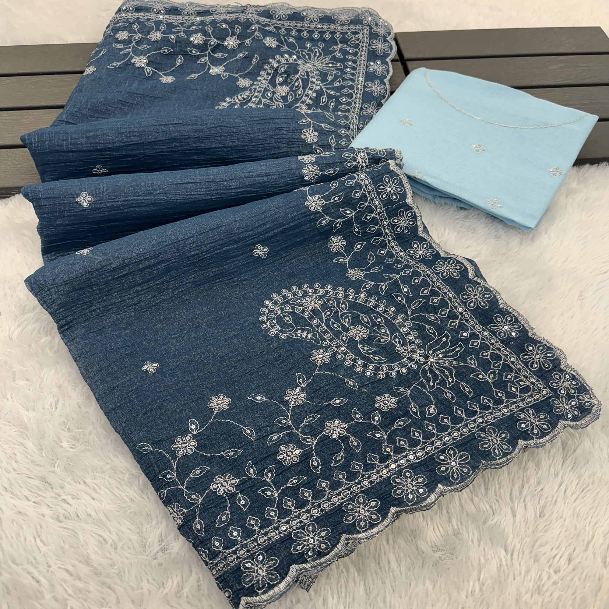 Dusty Blue Silk Blend Crush Saree Adorned With Floral Thread Embroidery & Sequins