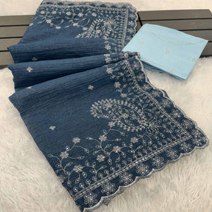 Dusty Blue Silk Blend Crush Saree Adorned With Floral Thread Embroidery & Sequins