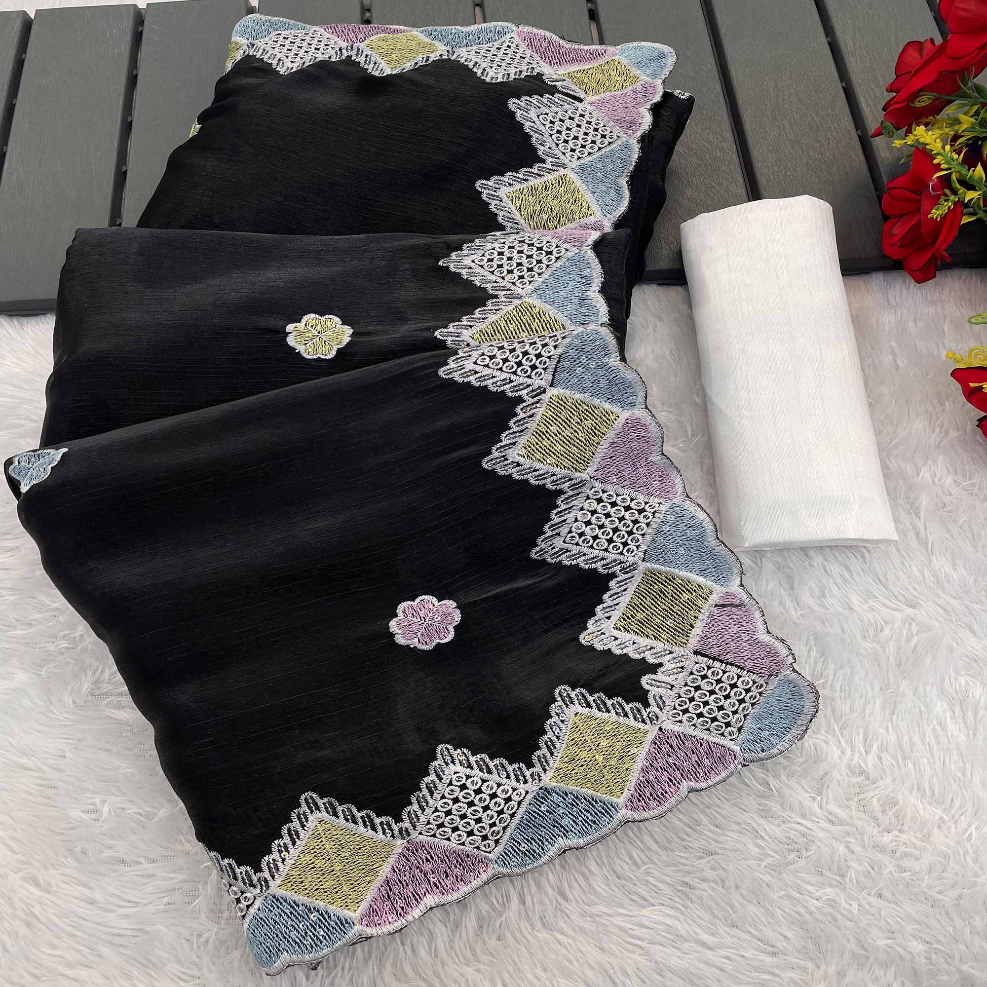 Elegant Black Chiffon Silk Saree Adorned With Delicate Floral Sequin Work
