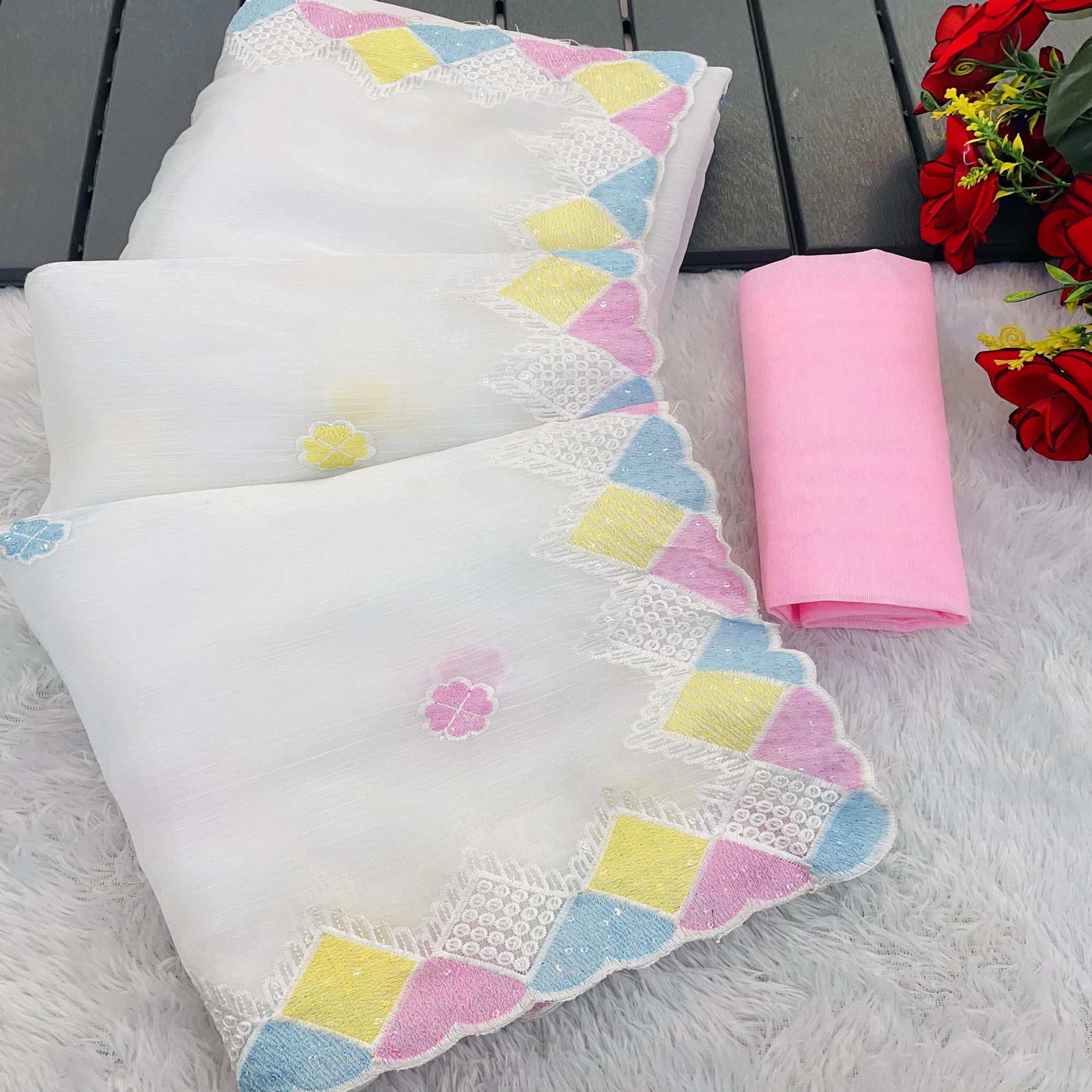 Graceful White Chiffon Silk Saree Adorned With Delicate Floral Sequin Work