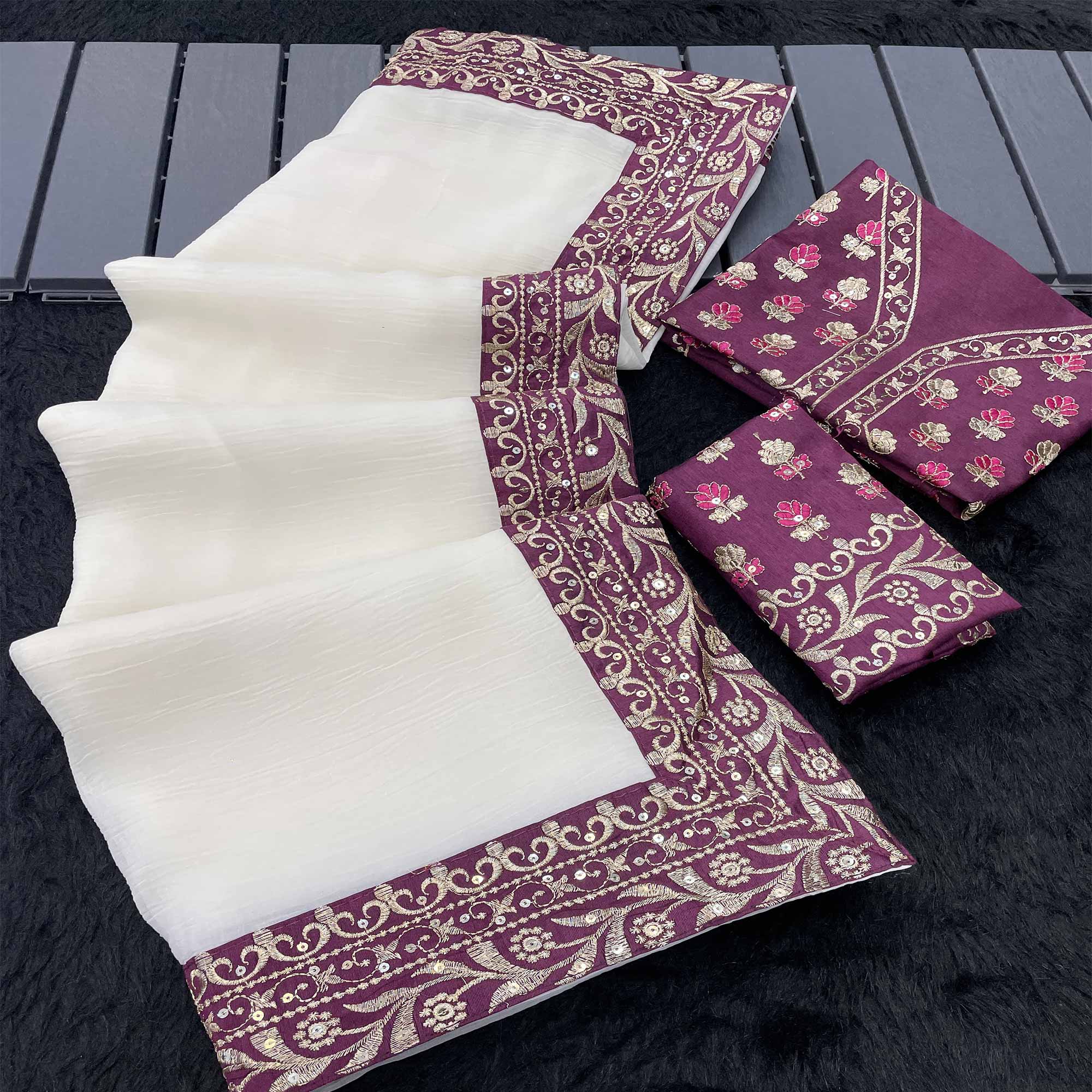 Offwhite Solid Crunchy Silk Blend Saree With Sequins Embroidery Border Work