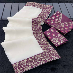 Offwhite Solid Crunchy Silk Blend Saree With Sequins Embroidery Border Work