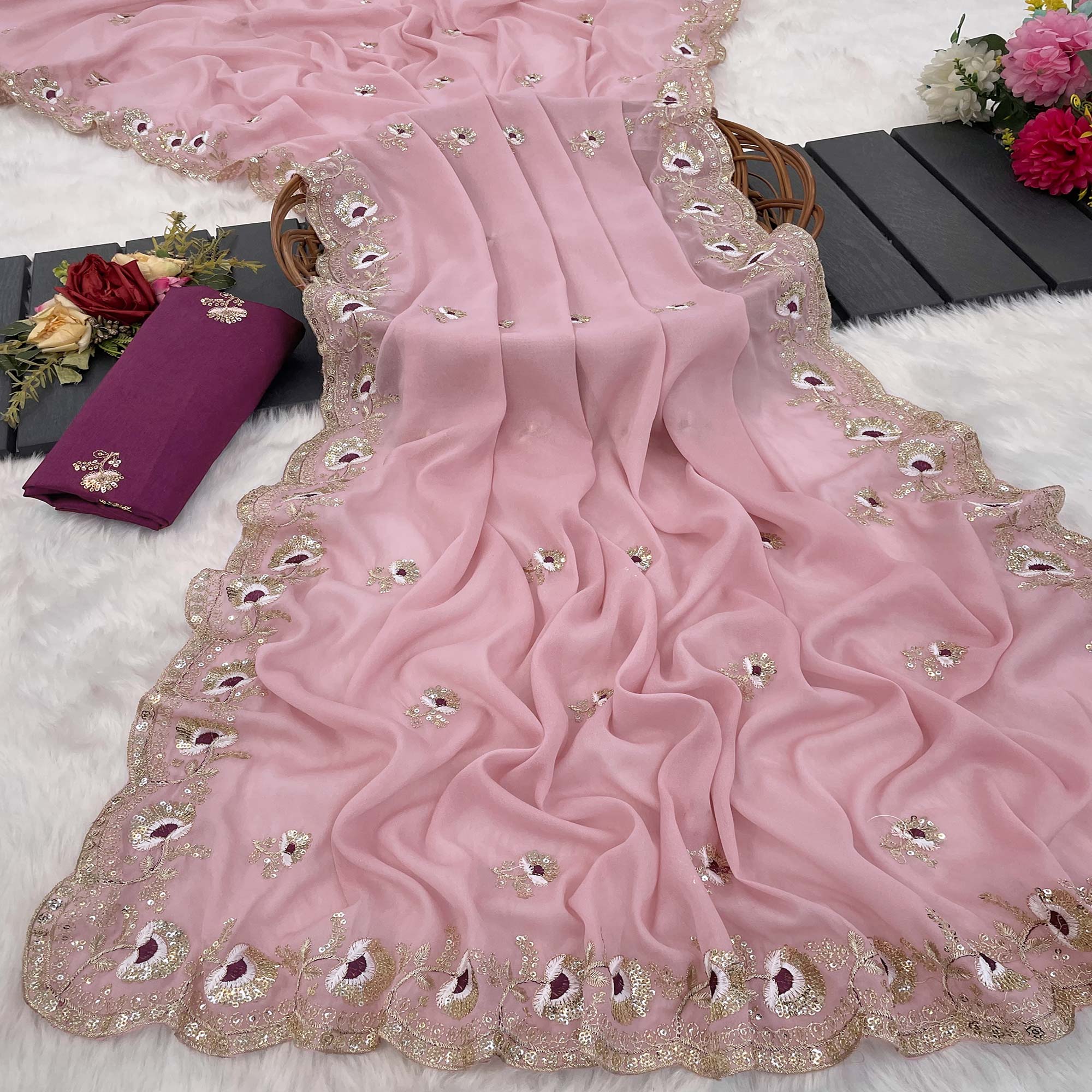 Pink Georgette Silk Saree With Floral Sequin Embroidery & Graceful Cutwork Detailing Border