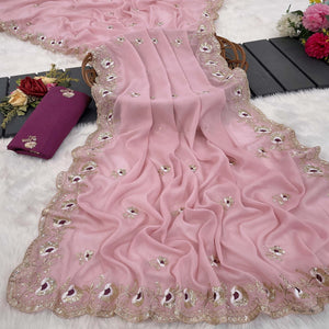 Pink Georgette Silk Saree With Floral Sequin Embroidery & Graceful Cutwork Detailing Border