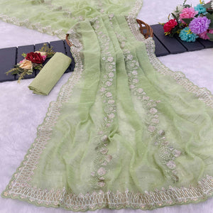 Green Shimmer Chiffon Saree with Floral Sequin Embroidery & Fine Cutwork Detailing