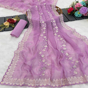 Light Purple Shimmer Chiffon Saree with Floral Sequin Embroidery & Elegant Cutwork Border