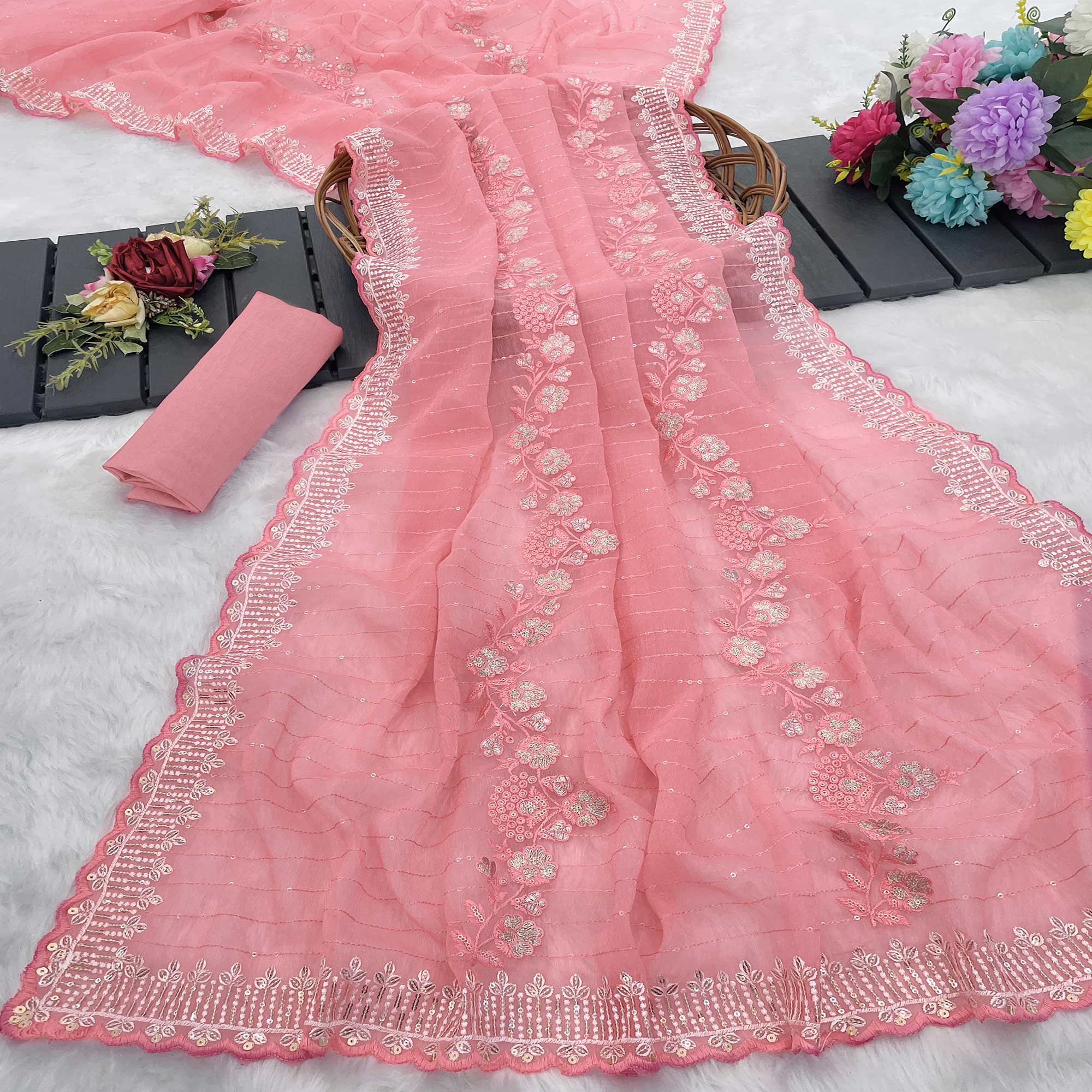 Rose Pink Shimmer Chiffon Saree with Pastel Floral Sequin Embroidery & Delicate Cutwork Border