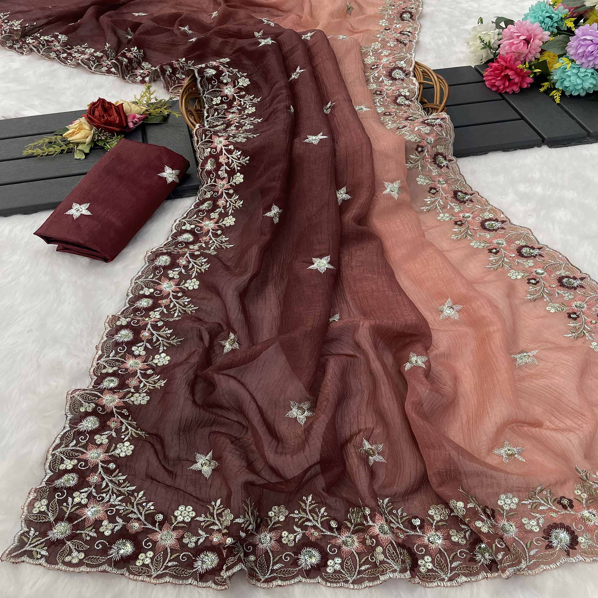 Brown Crunchy Crush Saree Featuring Floral Thread Embroidery & Sequins Embellishment