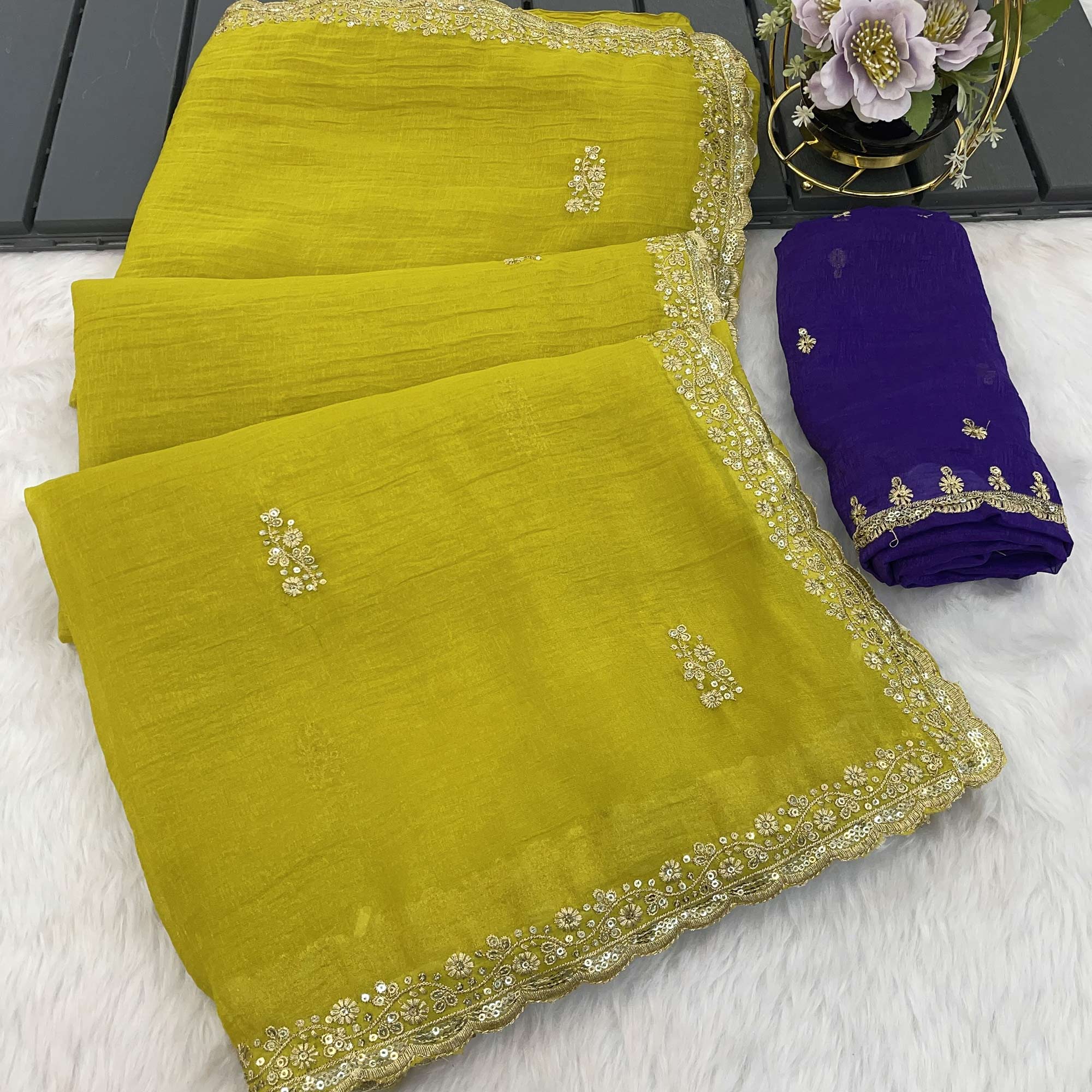 Enchanting Green Crunchy Crush Saree With Delicate Floral Thread Embroidery & Sparkling Sequins Accents