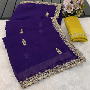 Royal Purple Crunchy Crush Saree Adorned With Floral Thread Embroidery & Gleaming Sequins Detailing