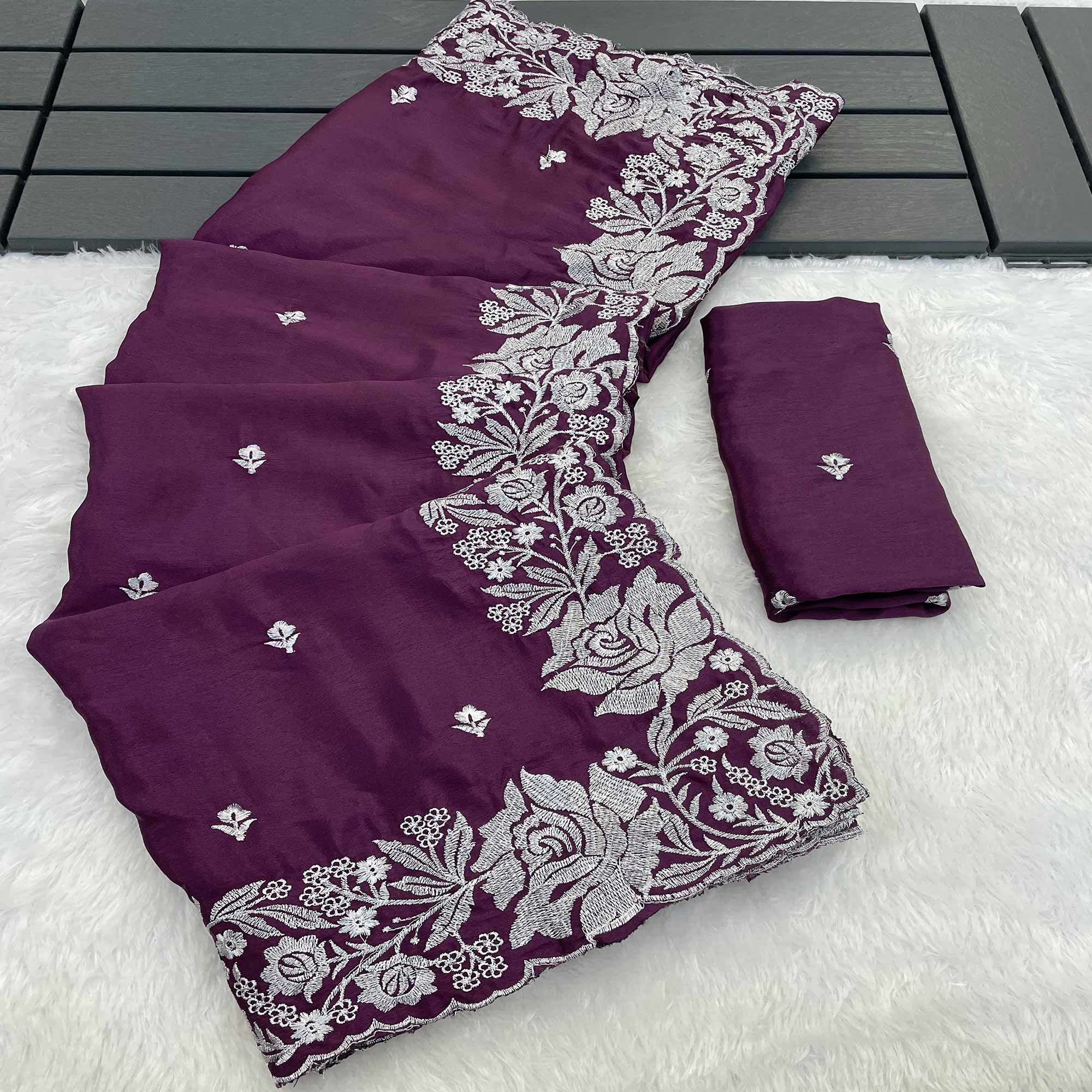 Ethereal Plum Purple Saree With Intricate Floral Zari Accents On Chinon Chiffon