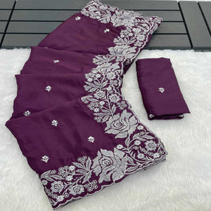 Ethereal Plum Purple Saree With Intricate Floral Zari Accents On Chinon Chiffon