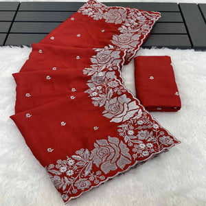 Elegant Red Chinon Chiffon Saree Embellished with Timeless Floral Zari Embroidery