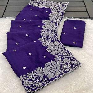 Luxurious Royal Purple Saree Adorned With Delicate Floral Zari Work On Chinon Chiffon