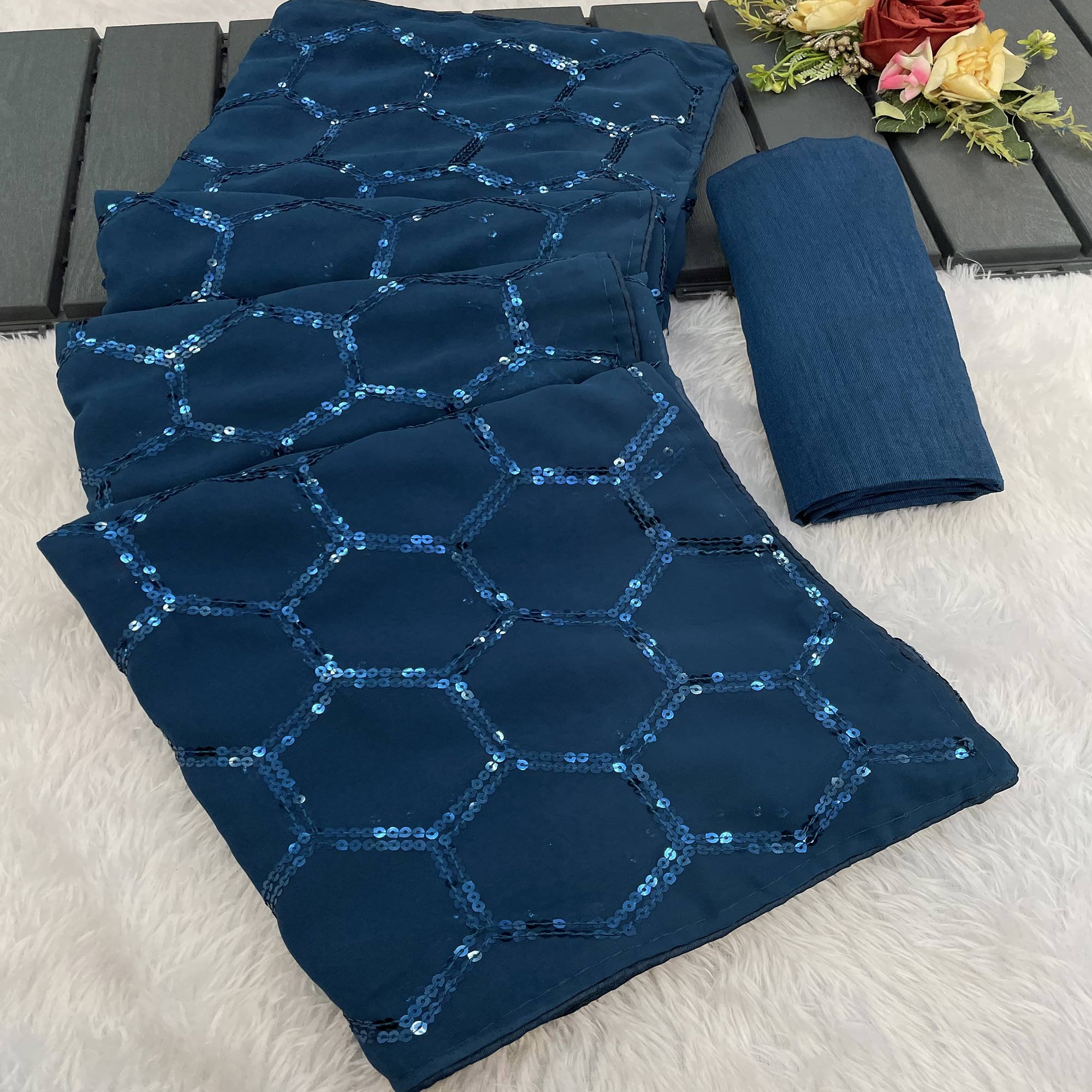 Blue Georgette Silk Saree Embellished With Sparkling Sequins Embroidery & Piping Border