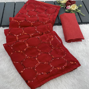 Red Georgette Silk Saree Embellished With Sparkling Sequins Embroidery & Piping Border