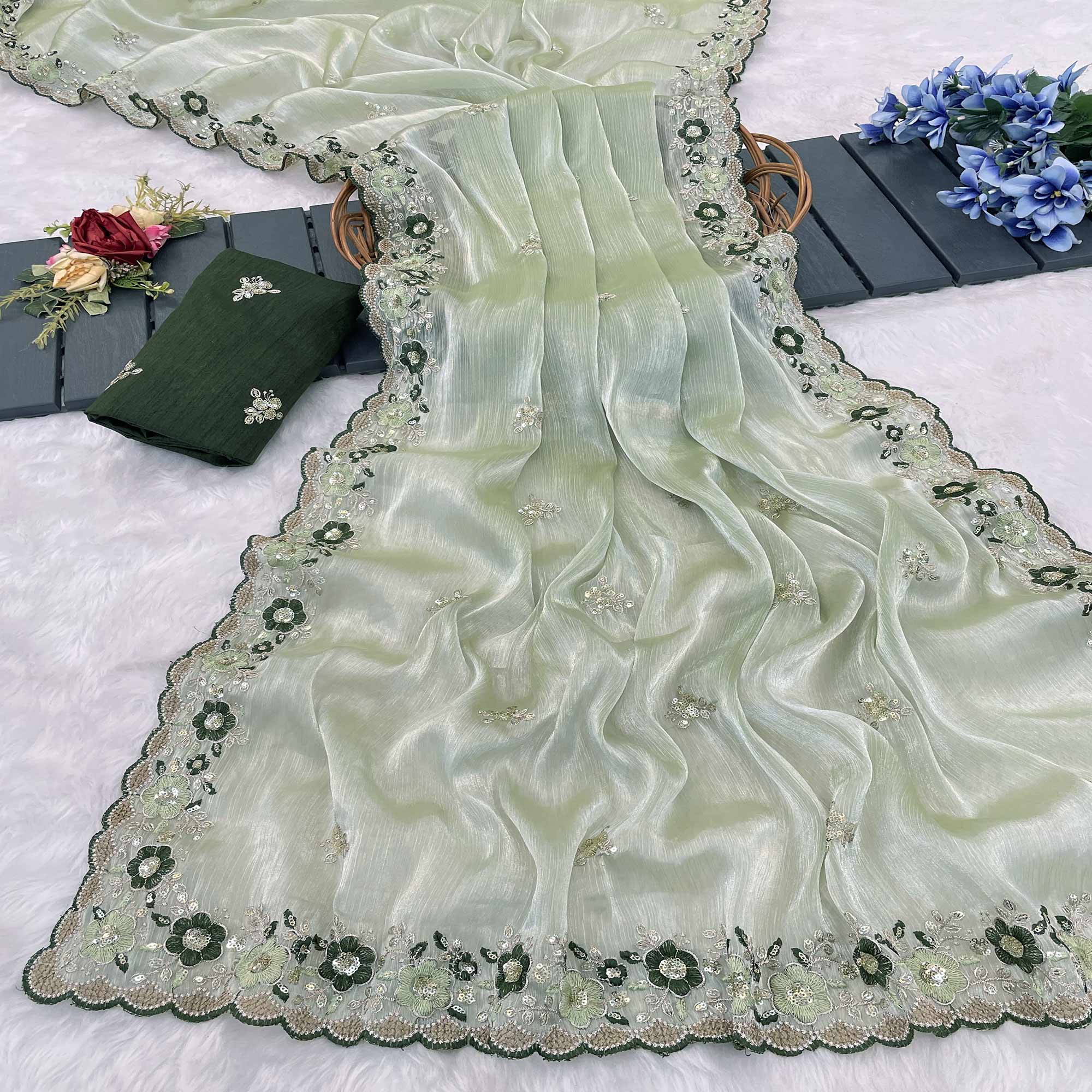 Green Jimmy Choo Chiffon Saree Adorned With Floral Embroidery & Delicate Sequins Work