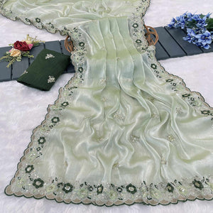 Green Jimmy Choo Chiffon Saree Adorned With Floral Embroidery & Delicate Sequins Work