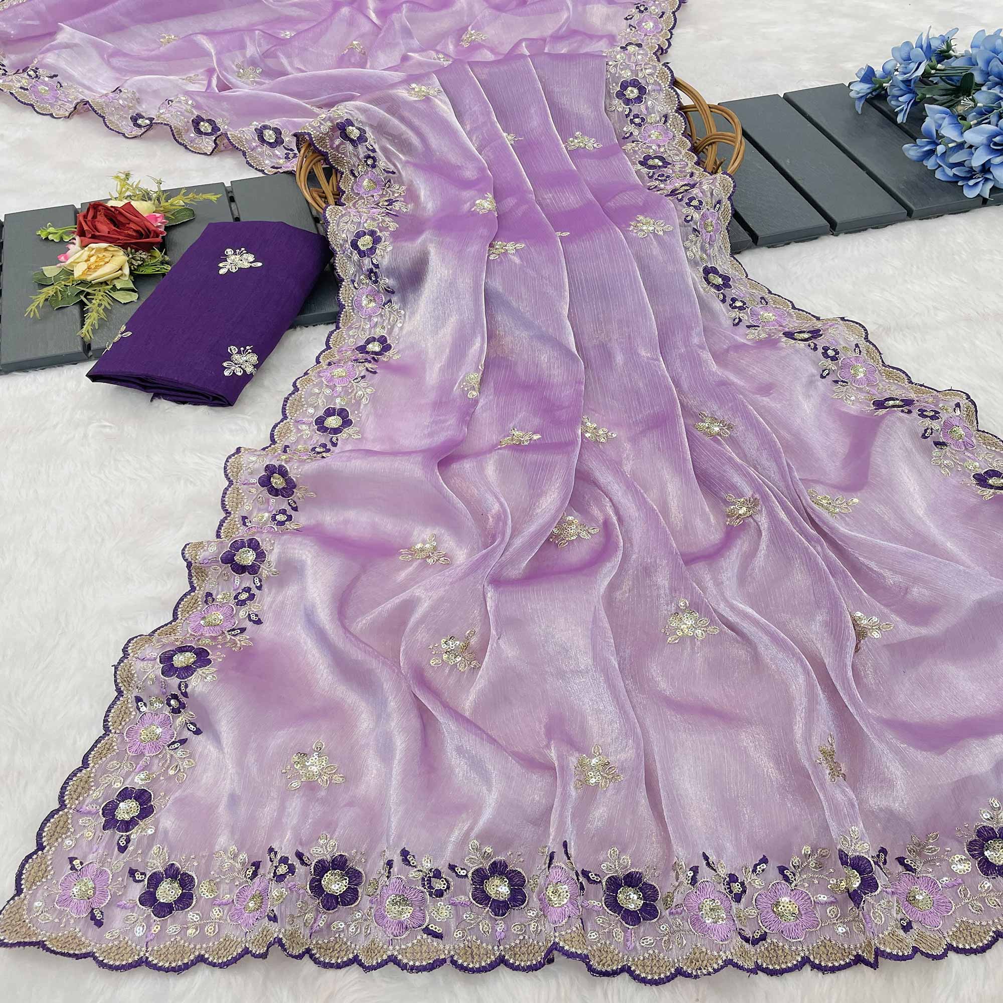 Lavender Jimmy Choo Chiffon Saree Adorned With Floral Embroidery & Delicate Sequins Work