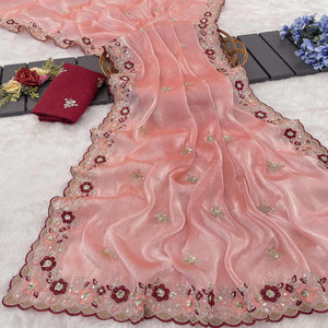 Peach Jimmy Choo Chiffon Saree Adorned With Floral Embroidery & Delicate Sequins Work