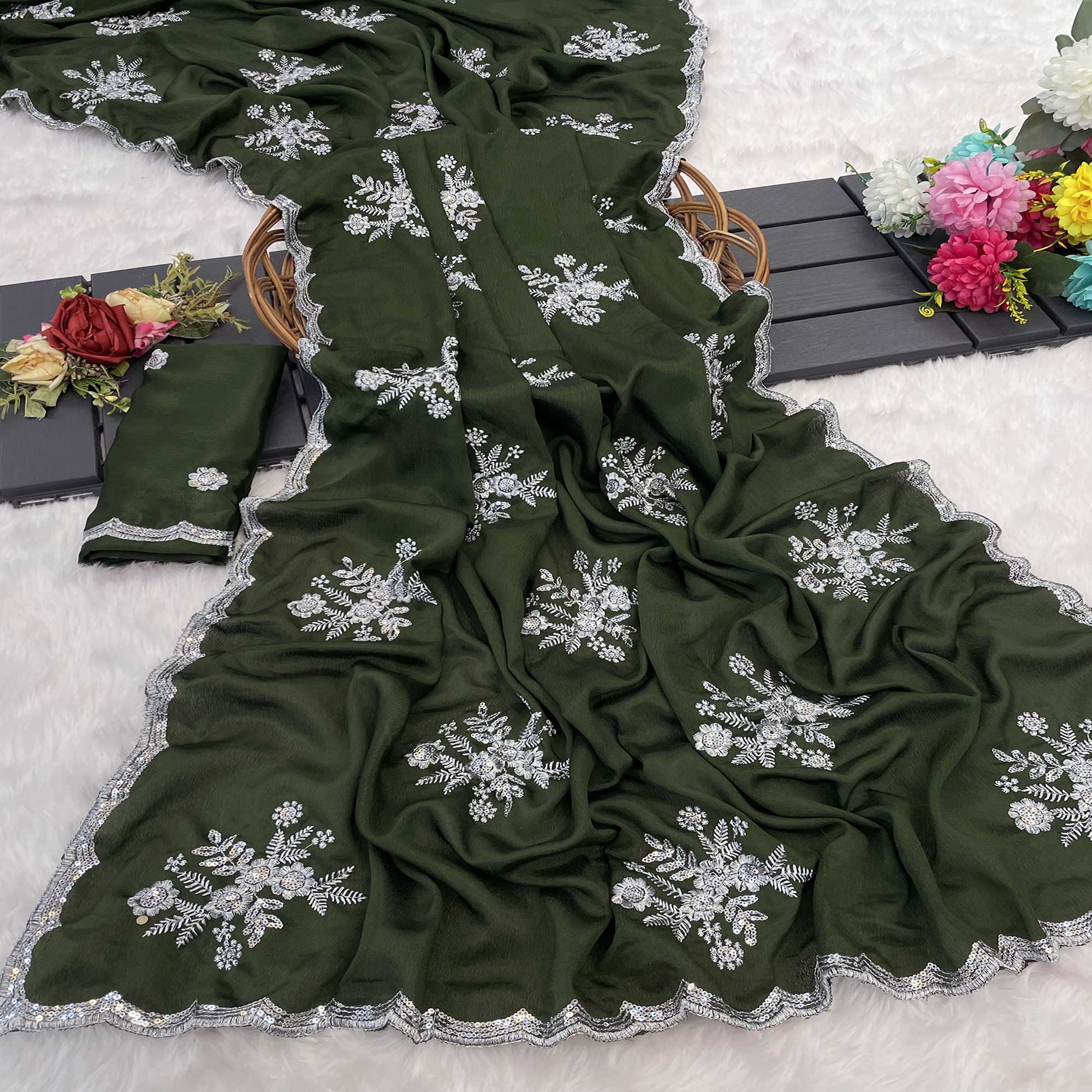 Green Chinon Saree Adorned With Zari Floral Embroidery & Gleaming Sequins Work