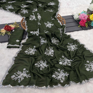 Green Chinon Saree Adorned With Zari Floral Embroidery & Gleaming Sequins Work