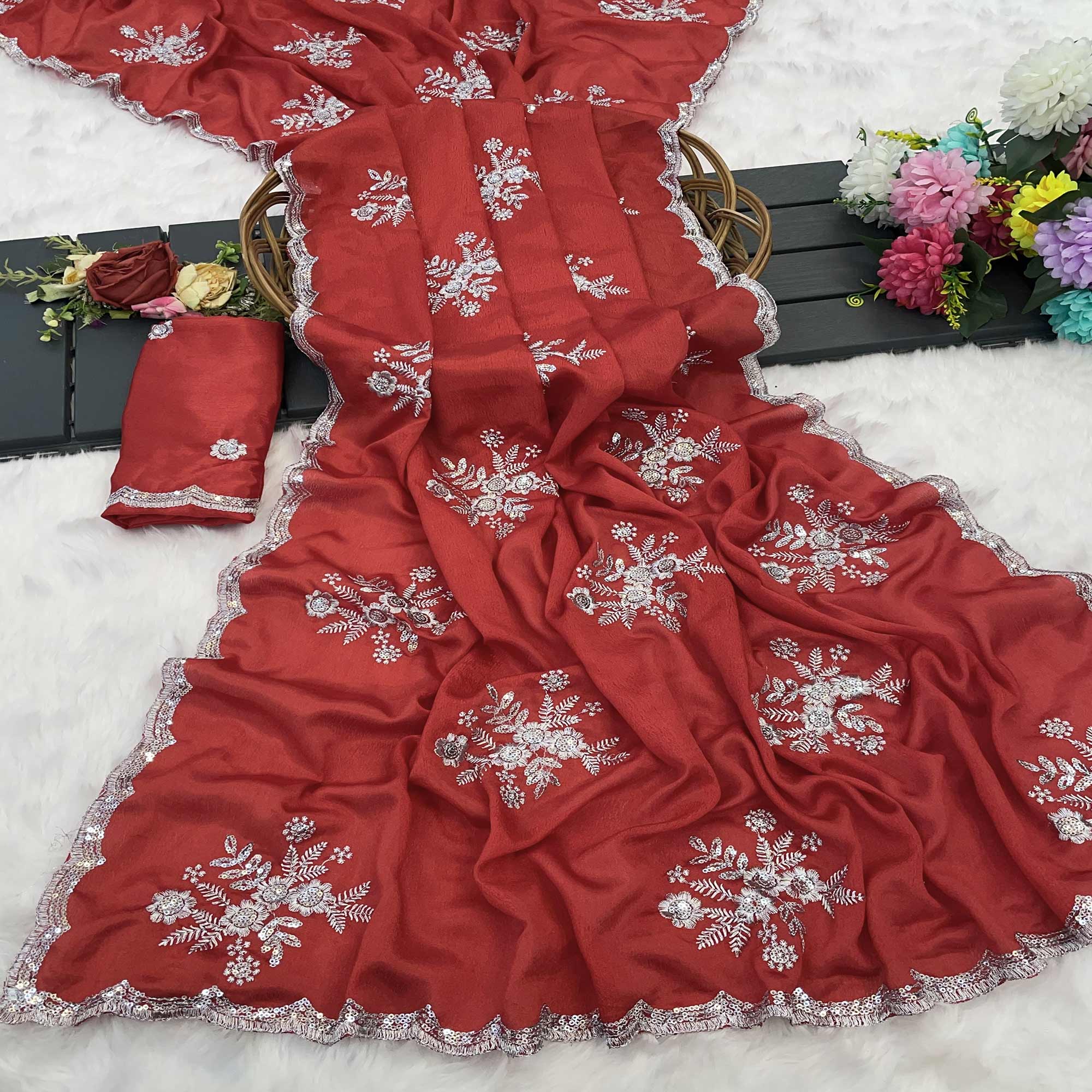 Red Chinon Saree Adorned With Zari Floral Embroidery & Gleaming Sequins Work