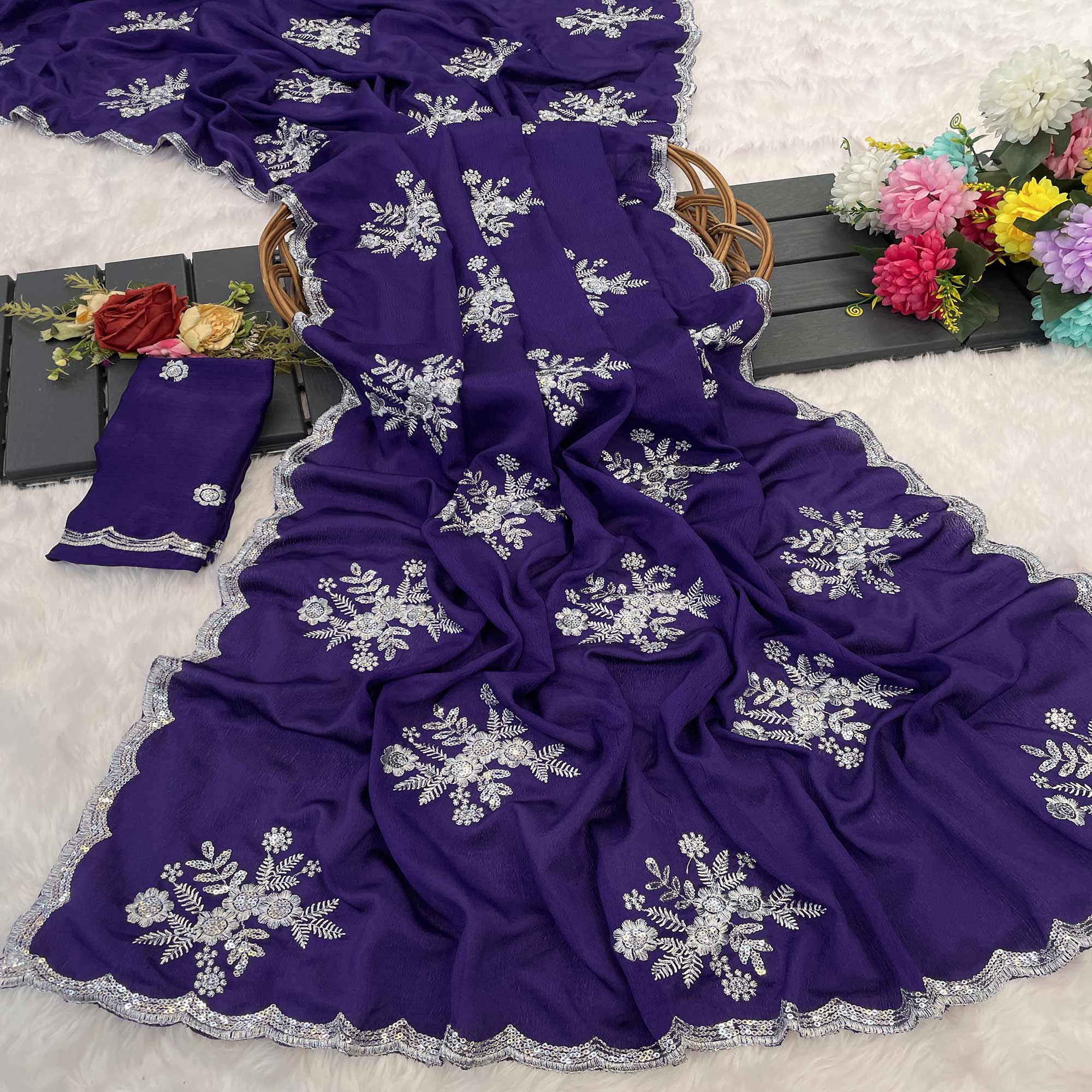 Royal Purple Chinon Saree Adorned With Zari Floral Embroidery & Gleaming Sequins Work