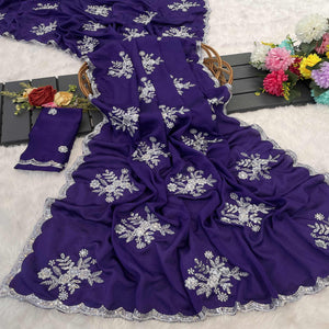 Royal Purple Chinon Saree Adorned With Zari Floral Embroidery & Gleaming Sequins Work