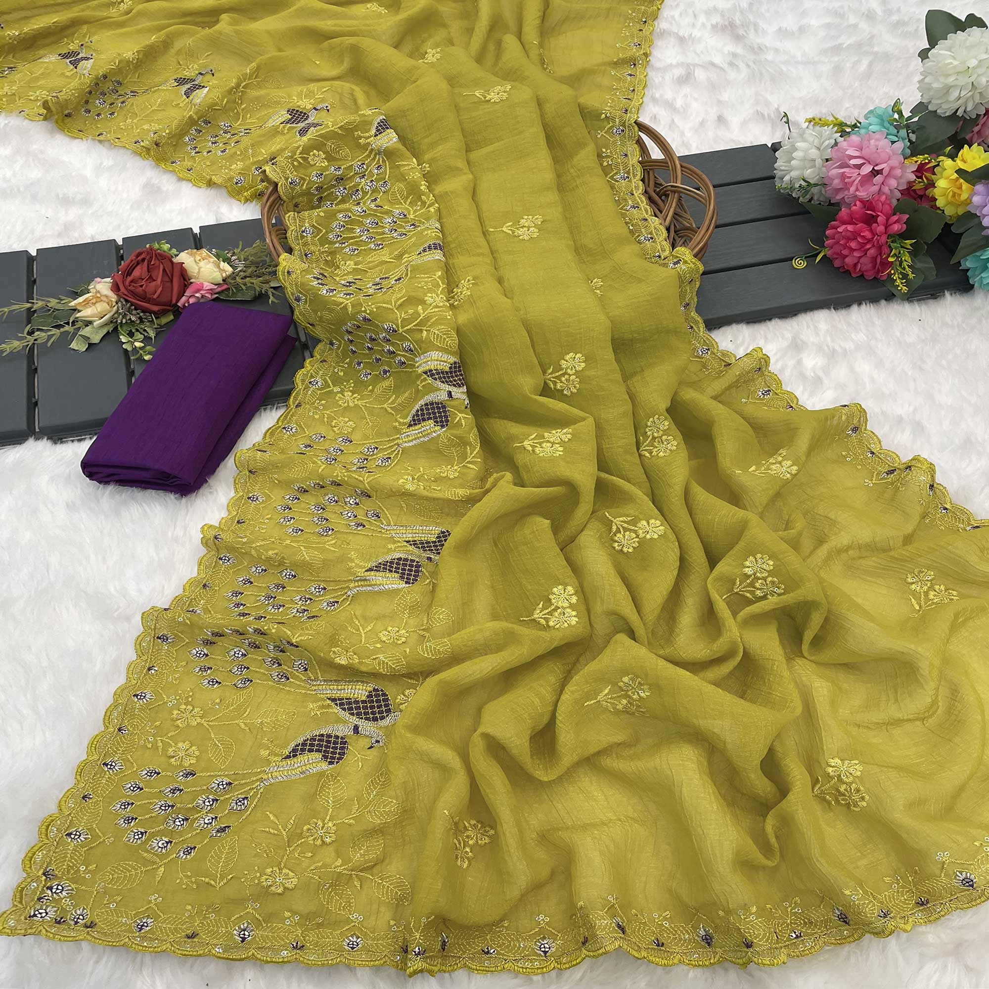 Graceful Green Crunchy Crush Saree With Delicate Floral Thread Embroidery & Sequin Work